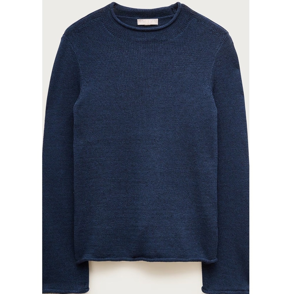 2026 J.Crew Womens Summer Rollneck Sweater in Linen Blend Navy Open Knit CT943 L